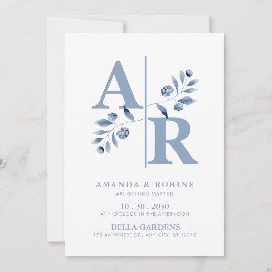 Faire-part de mariage monogramme bleu poussiéreux (Devant)