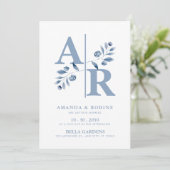 Faire-part de mariage monogramme bleu poussiéreux (Debout devant)