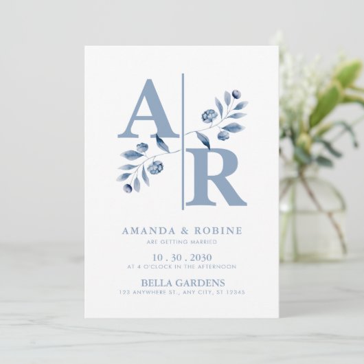 Faire-part de mariage monogramme bleu poussiéreux (Debout devant)