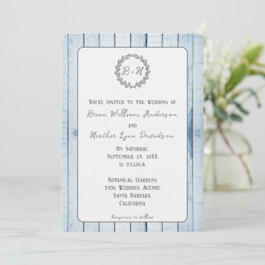 Faire-part de mariage Monogramme bleu rustique (Debout devant)