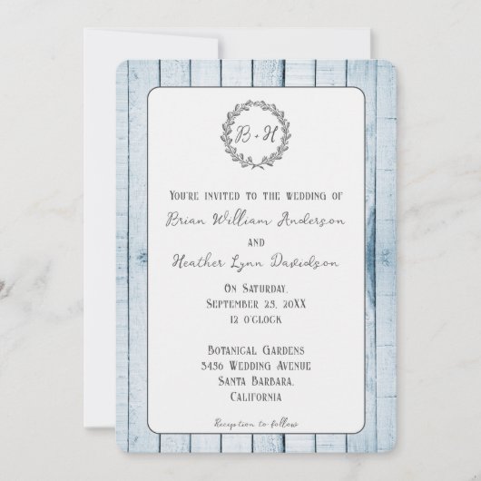 Faire-part de mariage Monogramme bleu rustique (Devant)