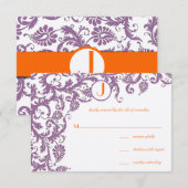 Faire-part de mariage Monogramme Damassé prune ora (Devant / Derrière)