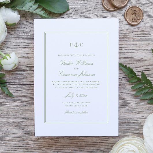 Faire-Part de Mariage Monogramme d'Ancre Vert Saug