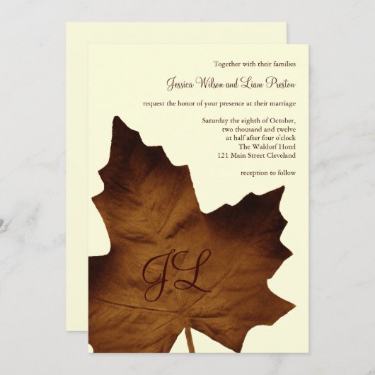 Faire-part de mariage monogramme d'automne (marron (Devant / Derrière)