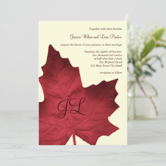 Faire-part de mariage monogramme d'automne (rouge) (Debout devant)
