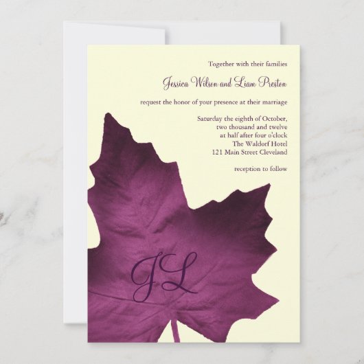Faire-part de mariage monogramme d'automne (violet (Devant)