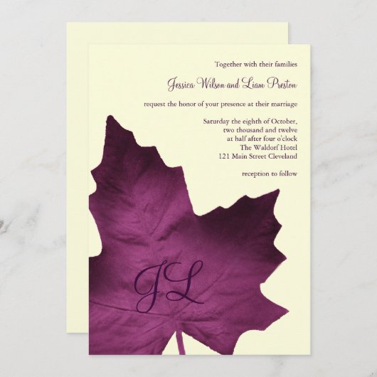 Faire-part de mariage monogramme d'automne (violet (Devant / Derrière)