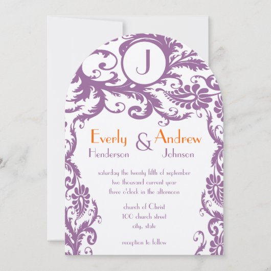 Faire-part de mariage Monogramme de Damas de prune (Devant)