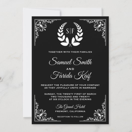 Faire-part de mariage Monogramme de Laurel noir et (Devant)