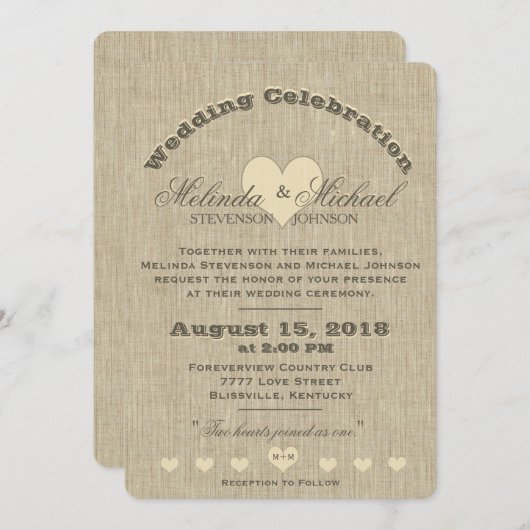 Faire-part de mariage | Monogramme de lin rustique (Devant / Derrière)