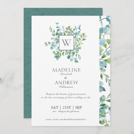 Faire-part de mariage Monogramme Eucalyptus Virtue (Devant / Derrière)