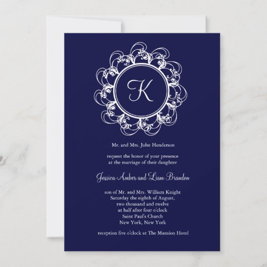Faire-part de mariage Monogramme Fancy Bleu foncé (Devant)