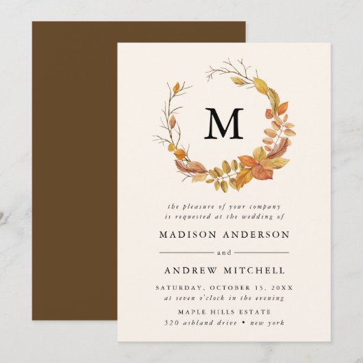 Faire-Part de Mariage Monogramme | Feuilles d'Auto (Devant / Derrière)
