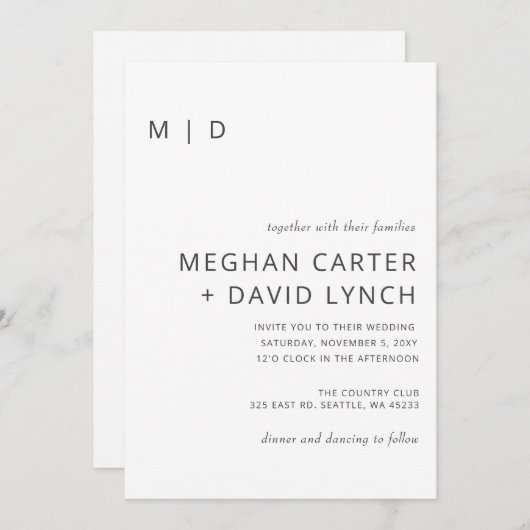 Faire-part de mariage Monogramme moderne blanc sim (Devant / Derrière)