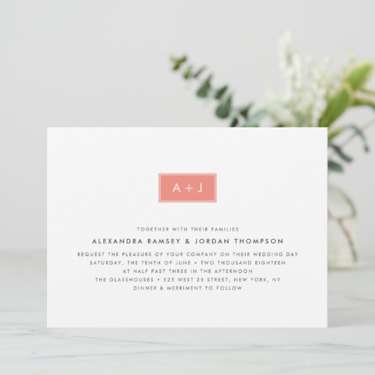Faire-part de mariage Monogramme moderne | Corail (Debout devant)