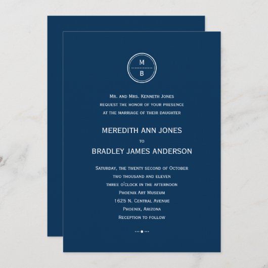 Faire-part de mariage Monogramme moderne (Marine) (Devant / Derrière)