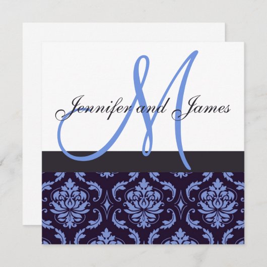 Faire-part de mariage Monogramme Navy Blue Damas (Devant / Derrière)