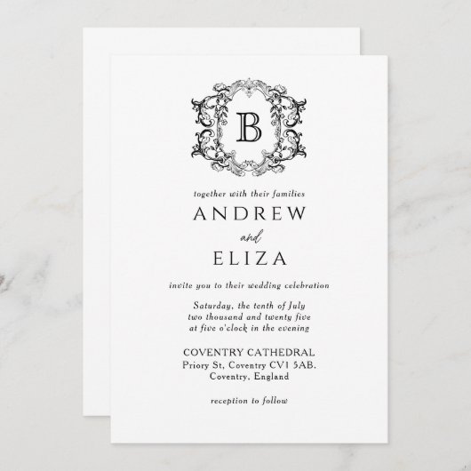 Faire-part de mariage Monogramme noir de luxe clas (Devant / Derrière)