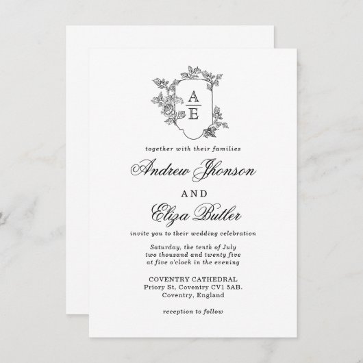 Faire-part de mariage Monogramme noir de luxe clas (Devant / Derrière)