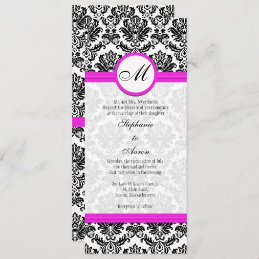 Faire-part de mariage Monogramme noir et rose Dama (Devant / Derrière)