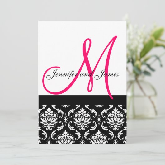 Faire-part de mariage monogramme noir rose damassé (Debout devant)