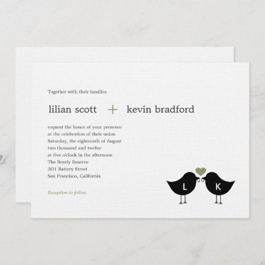 Faire-part de mariage Monogramme Oiseaux - Sage (Devant / Derrière)