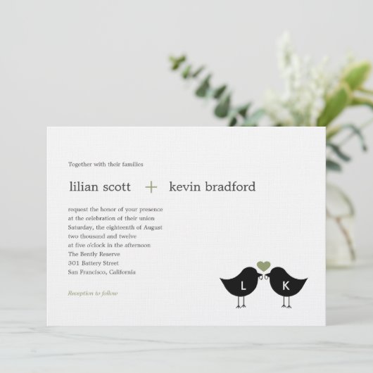 Faire-part de mariage Monogramme Oiseaux - Sage (Debout devant)