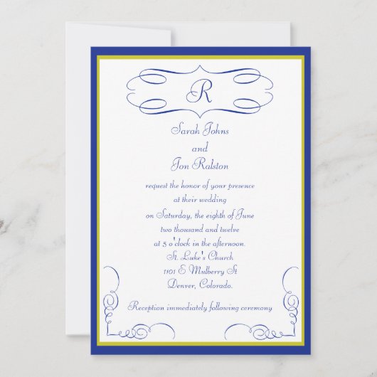 Faire-part de mariage Monogramme or bleu (Devant)
