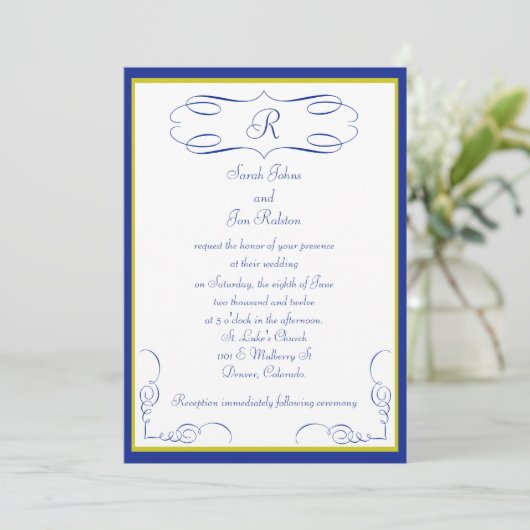 Faire-part de mariage Monogramme or bleu (Debout devant)