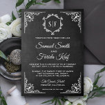 Faire-part de mariage Monogramme Ornat Chalkboard<br><div class="desc">Éblouissez vos invités avec cette faire-part de mariage de style vintage avec une élégante bordure blanche ornée et un beau monogramme contre un arrière - plan de tableau noir. Ajoutez simplement les détails de votre événement sur ce modèle facile à utiliser pour en faire une invitation unique.</div>