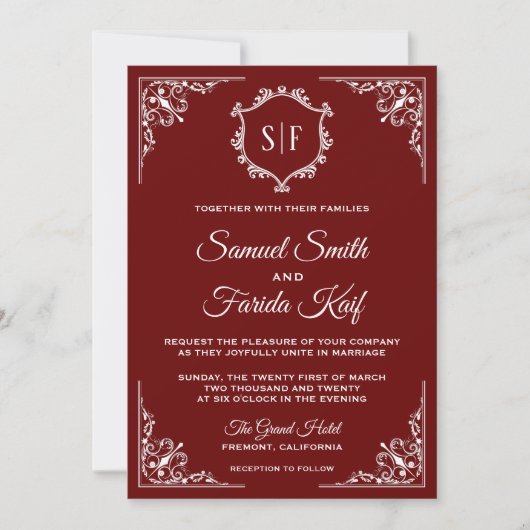 Faire-part de mariage monogramme rouge foncé (Devant)