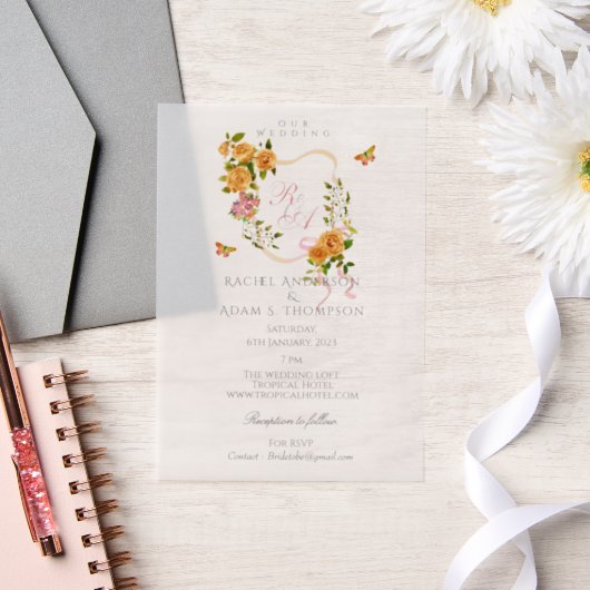Faire-part de mariage Monogramme Ruban Rose Or (Mariage)