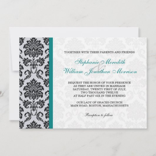 Faire-part de mariage Monogramme turquoise Damas (Devant)