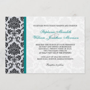 Faire-part de mariage Monogramme turquoise Damas