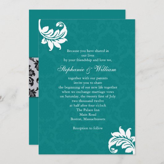 Faire-part de mariage Monogramme turquoise Damas (Devant / Derrière)