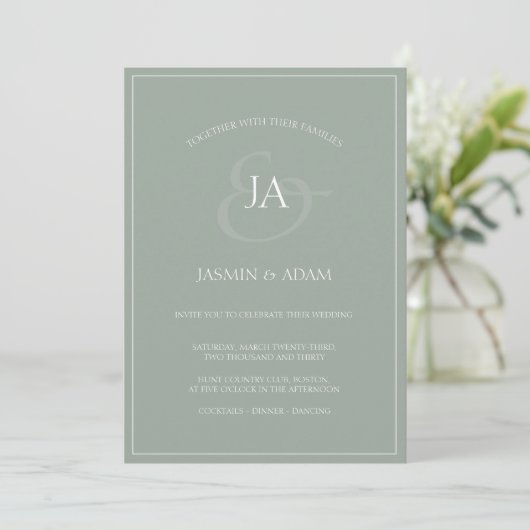 Faire-part de mariage Monogramme vert simple (Debout devant)