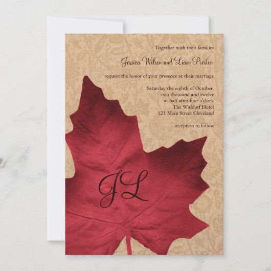 Faire-part de mariage monographique rouge Vintage (Devant)