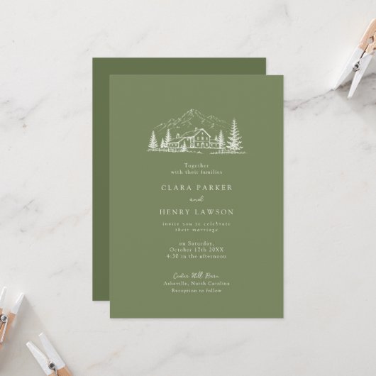 Faire-part de mariage Montagne Rustique Sage Foncé (Devant/Arrière en situation)