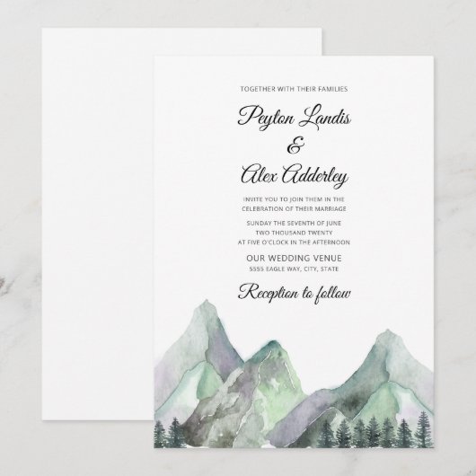 Faire-part de mariage Montagnes aquarelles vertes (Devant / Derrière)