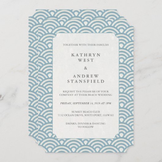 Faire-part de mariage Motif de vague bleu et blanc (Devant / Derrière)