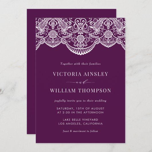 Faire-part de mariage Motif en dentelle violette m (Devant / Derrière)