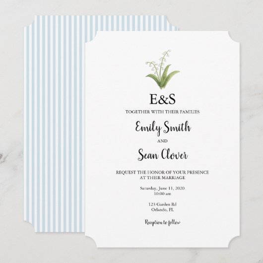 Faire-part de mariage Muguet Monogramme Rayure ble (Devant / Derrière)