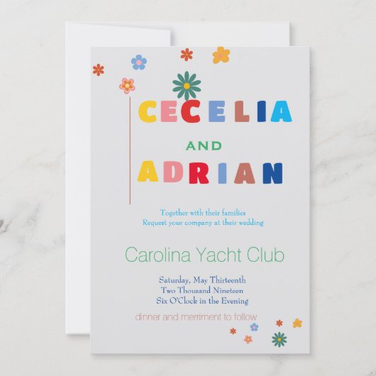 Faire-part de mariage multicouleur florale rétro (Devant)