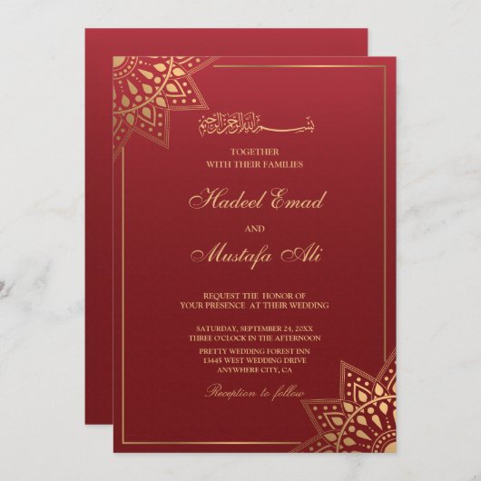 Faire-part de mariage musulman rouge (Devant / Derrière)