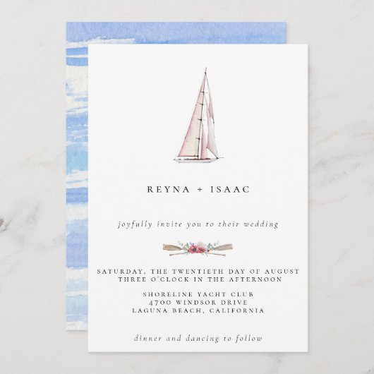 Faire-part de mariage nautique à voilier aquarelle (Devant / Derrière)