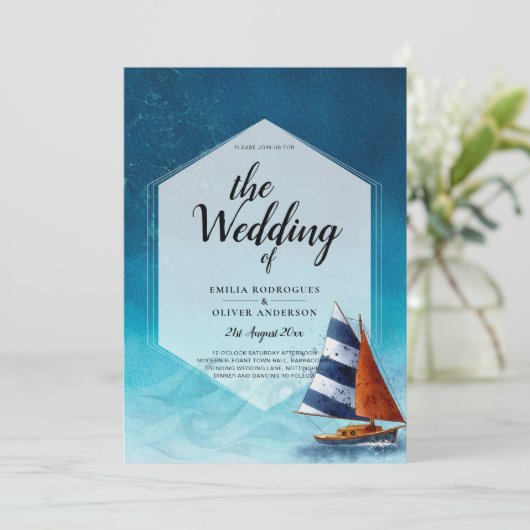 Faire-part de mariage nautique avec voilier (Debout devant)
