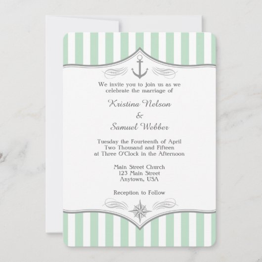 Faire-part de mariage nautique gris blanc vert men (Devant)