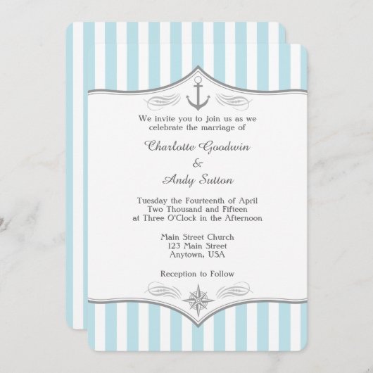 Faire-part de mariage nautique gris bleu poudre (Devant / Derrière)