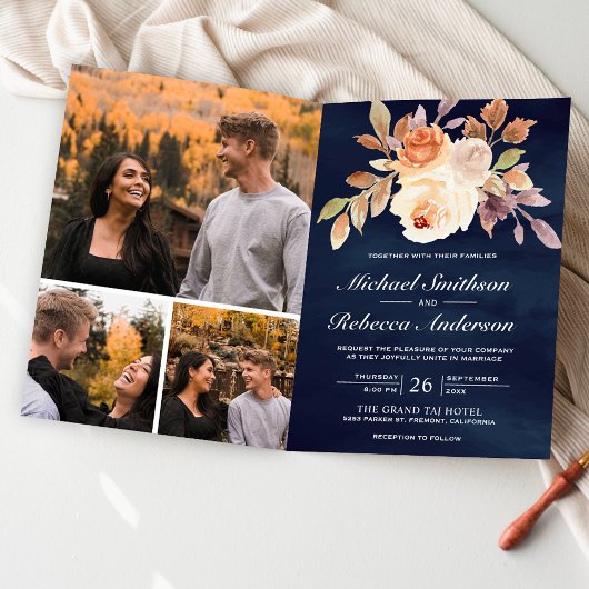 Faire-part de mariage Navy Blue avec code QR flora