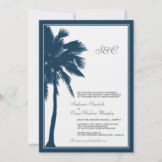 Faire-part de mariage Navy Blue Palm Tree (Devant)